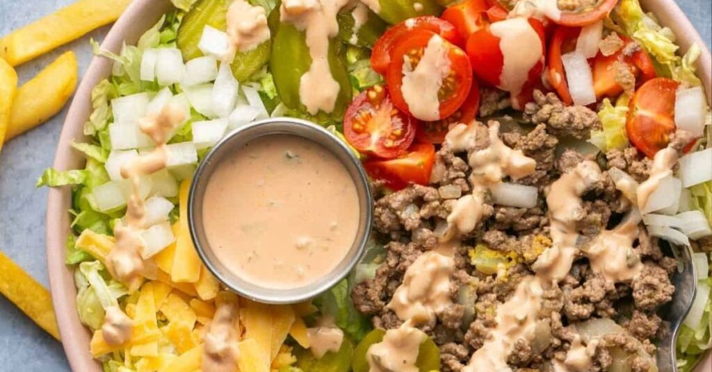 Big Mac salad dressing made with Greek yogurt, relish, and sugar-free ketchup
