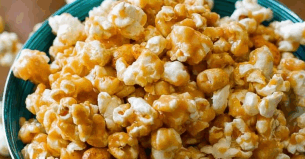 Bowl of creamy peanut butter popcorn made with PB2 and air-popped kernels.
