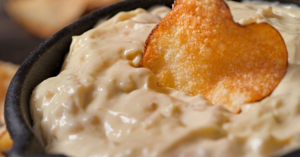 Healthy French onion dip made with Greek yogurt and onion seasoning, served chilled