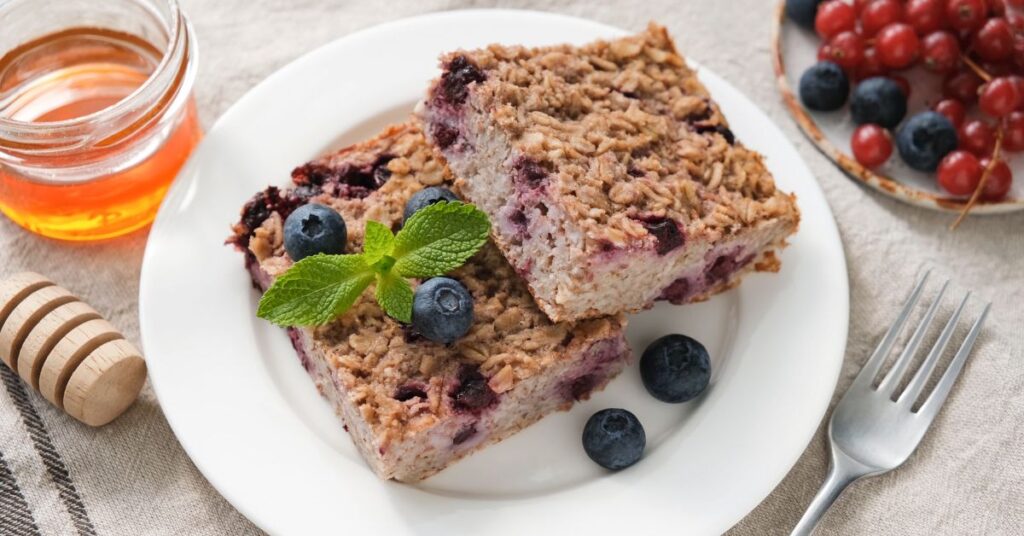 Freshly baked oatmeal bars with blueberries, healthy Weight Watchers breakfast or snack