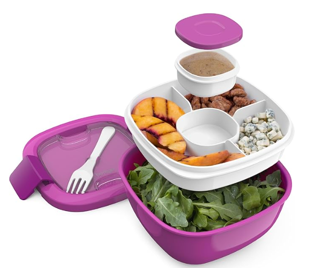 Salad Bowl with 4-Compartment Toppings Tray, Leak-Proof Dressing Container