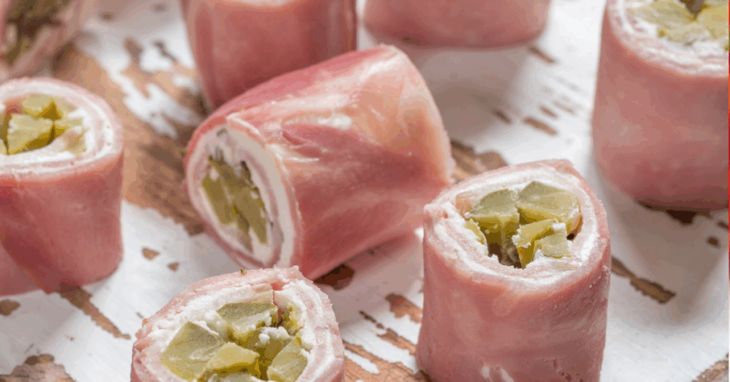 Cheesy turkey pickle roll-ups with Laughing Cow cheese and deli turkey slices served on a plate.