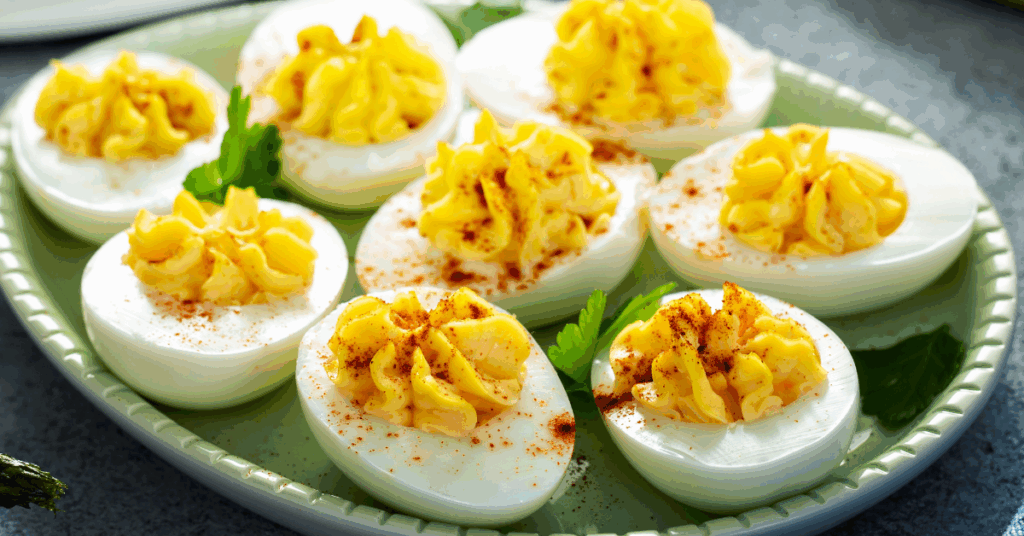 Zero Point Deviled Eggs made with mustard and paprika