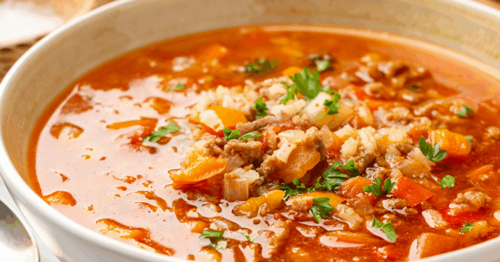 Bowl of zero-point stuffed pepper soup with ground turkey, cauliflower rice, and bell peppers.